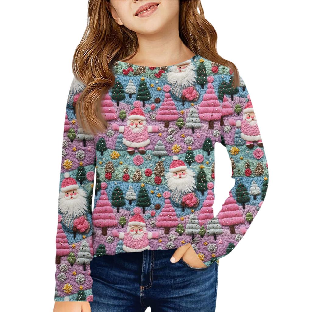 Girls' Long Sleeve Tee - Pleated Round Neck Casual Top
