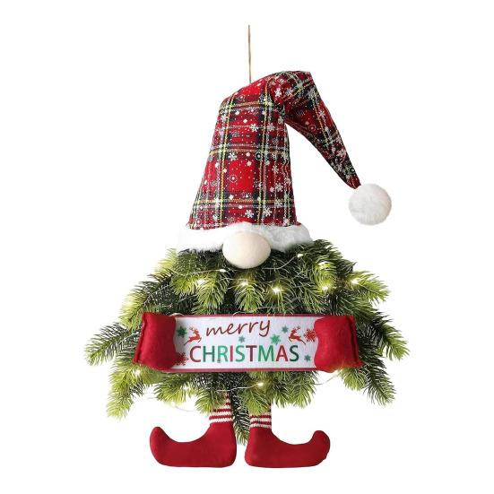 Yousheng Lighted Christmas Gnome Wreath Artificial Pine Spruce Wreath for Front Door Swedish Tomte Hanging Sign for Xmas Porch Indoor Outdoor Home