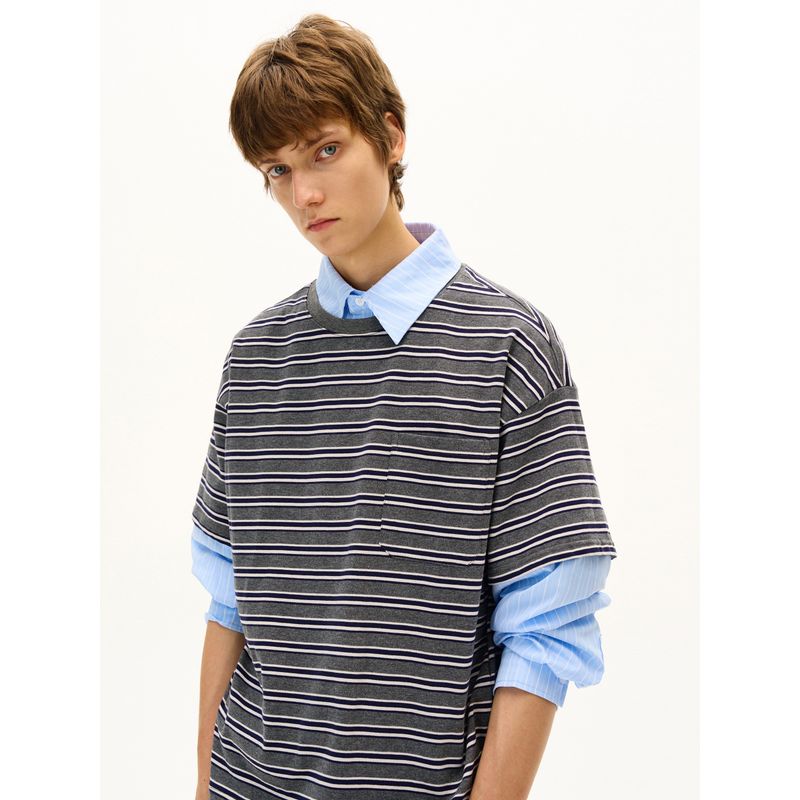 Madwitch American-Style Fake Two-Piece Patchwork Striped Shirt Collar Long-Sleeve T-Shirt for Men and Women, Retro Cool Design Top