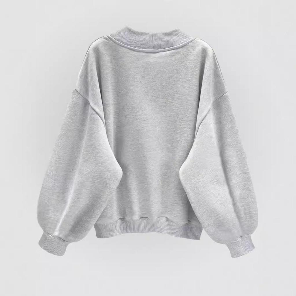 Podzimní šedá mikina s dlouhým rukávem, korejský ležérní volný top s výstřihem do V, pohodlná ležérní mikina