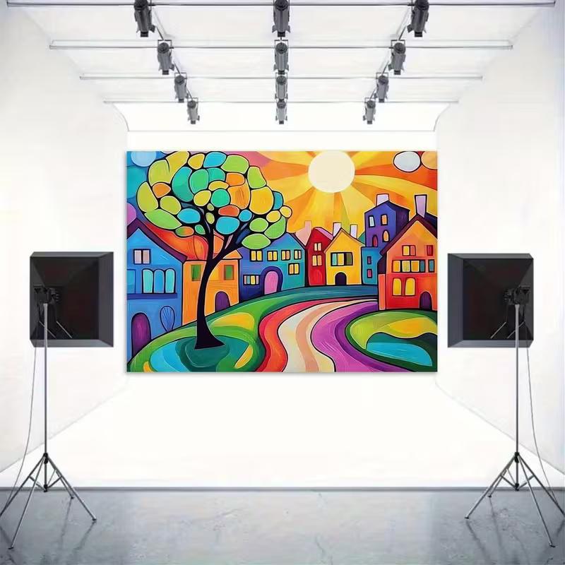 2D Vibrant Cartoon Street Backdrop Colorful Houses Sunlight Party Decor Background Cloth