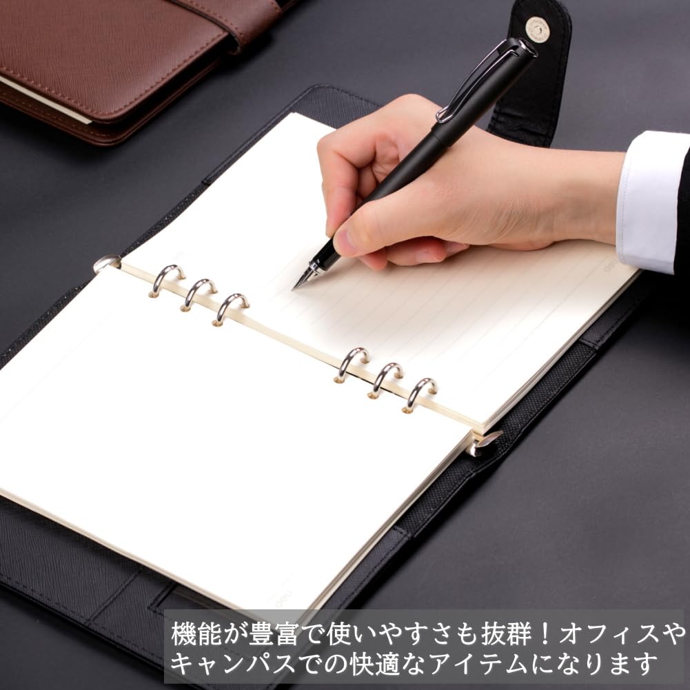 Planificator de afaceri A5 din piele cu inele, buton magnetic, 100 de coli, suport pentru pix și buzunar pentru carduri, hârtie cu 6 găuri, (negru)