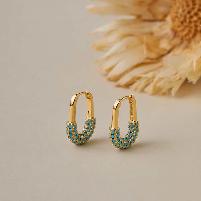 18K Gold Plated Copper U-shape Hoop Earrings with Pave Synthetic Turquoise Minimalist Gold Earrings for Women KE1806