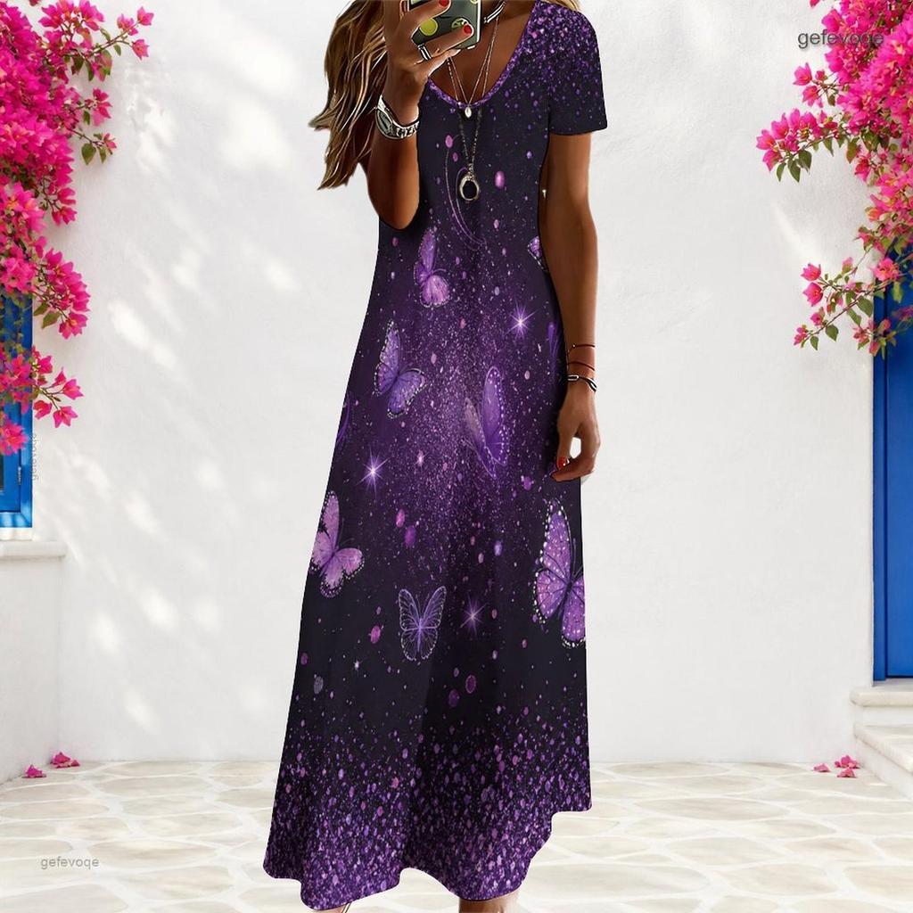 Women Plus Size V Neck Short Sleeve Floral Butterfly Printed Black Straight Long Dress