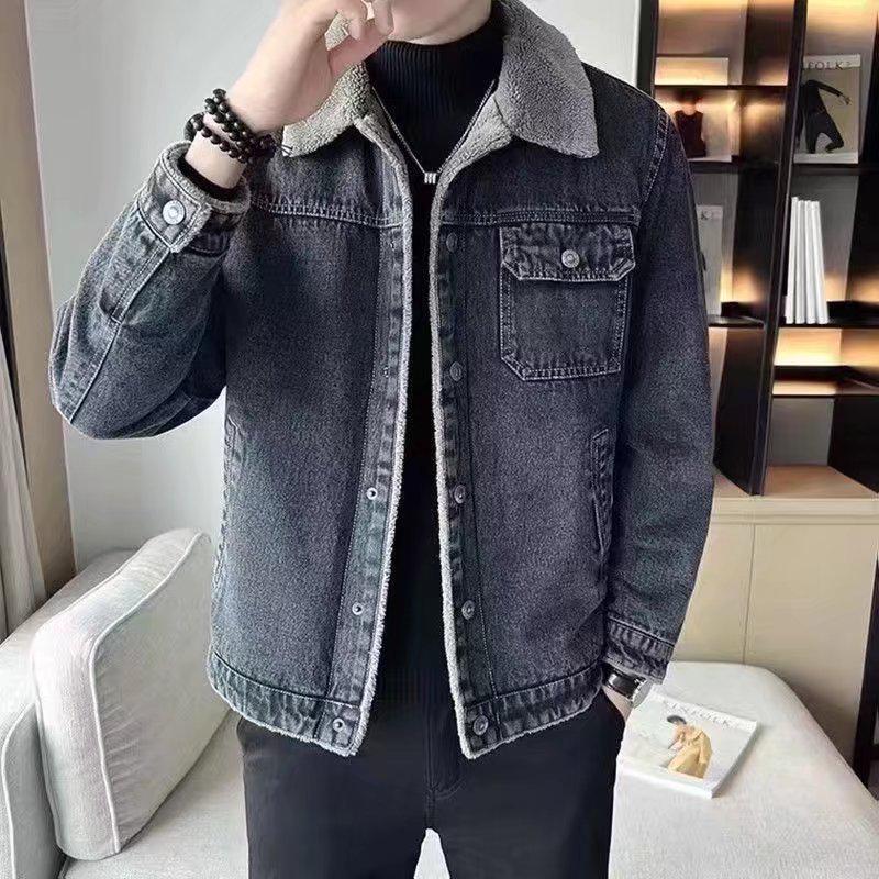 Men's Trendy Korean Style Denim Jacket with Lamb Fur Collar for Autumn and Winter