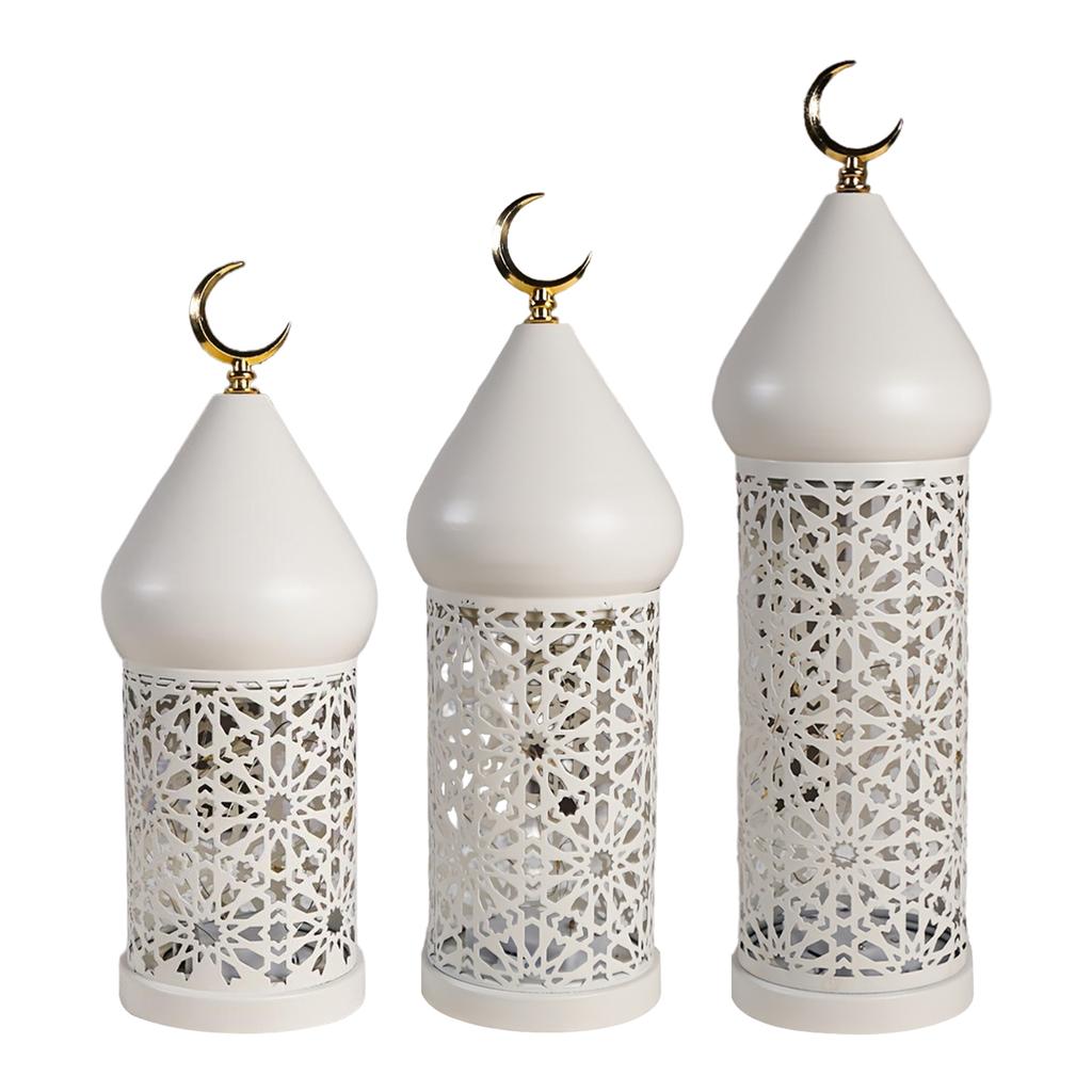 LED Hollow Iron Lantern Anti-Scratch Ramadan Metal Ornaments Lamp Warm Light Candle Holder Tea Light for Living Room Shelf Desk