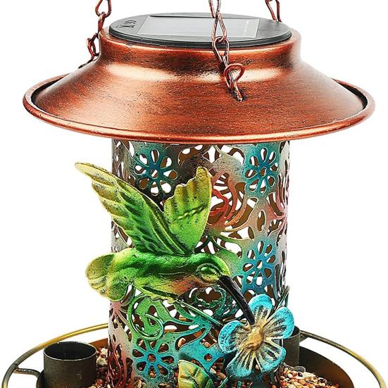 Bird Feeder with Light Hollow Pattern Design Solar Powered Hummingbird Food Holder Lantern Light Garden Decoration