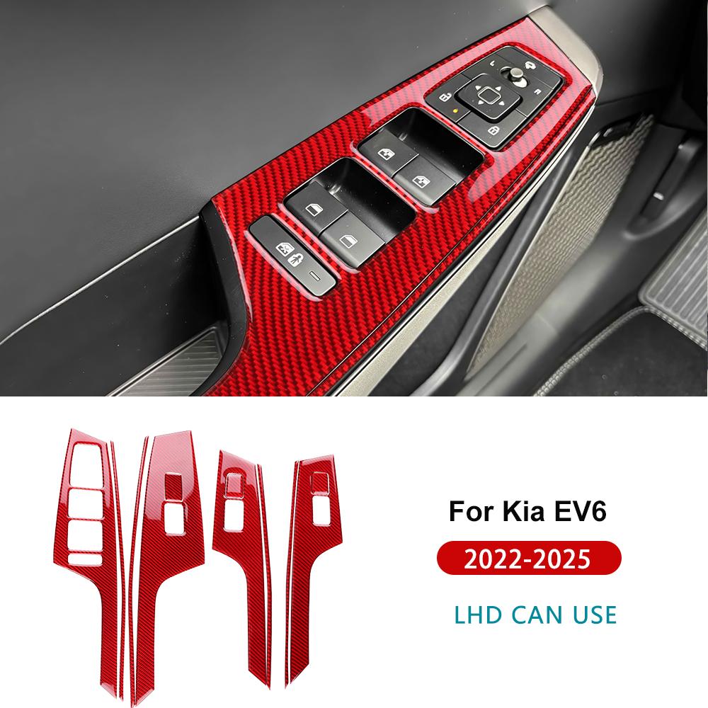 Für Kia EV6 GT EV 2022 2023 2024 2025 Echter weicher Karbonfaser-Aufkleber LHD RHD Auto-Fensterheber-Knopf Dekorrahmen Innenausstattung