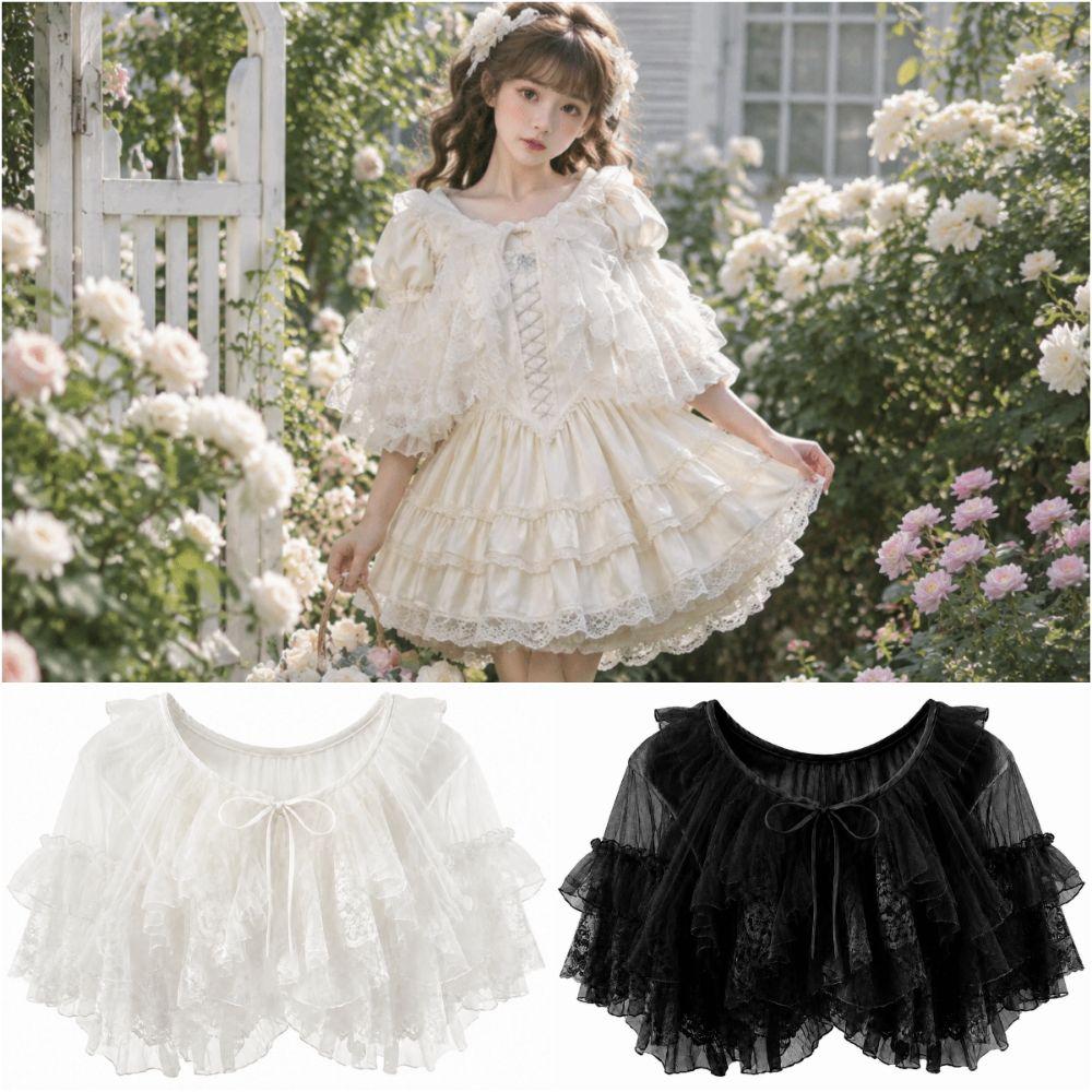 White Black Lolita Short Shawl Lace Mesh Lolita Skirt Versatile French Style Smock  Women