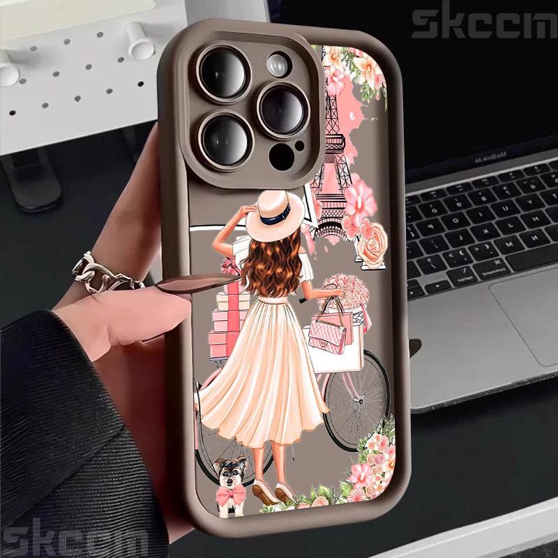 Pink Girl Flower Pattern Phone Case For iPhone 16 15 Pro Max 16E 14 13 12 11 XS X XR 7 8 Plus Shockproof Silicone Soft Cover
