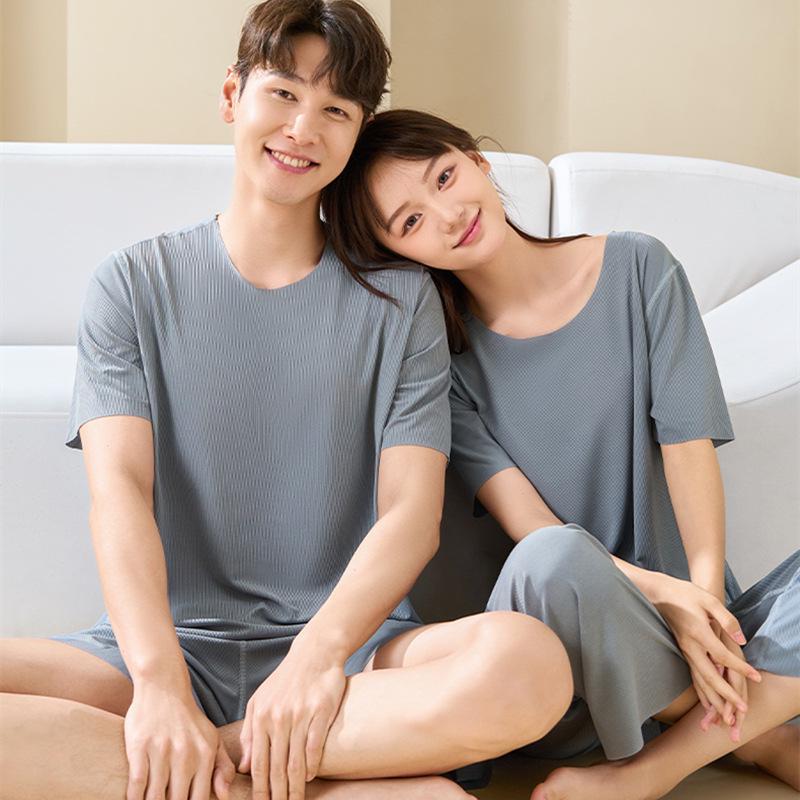 Ice Silk Couples Summer Pajama Set - Quick-Dry Women's and Men's Short Sleeve and Shorts Homewear