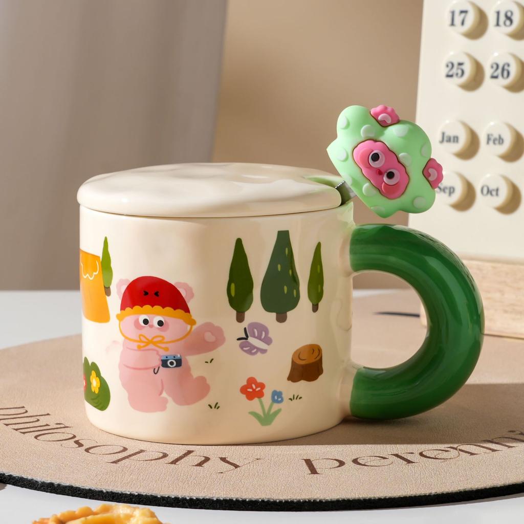 Pastoral Style with Cover Spoon Cartoon Cute Bear Ceramic Cup Simple Ins Style Mug Couple Water Cup Small Gift