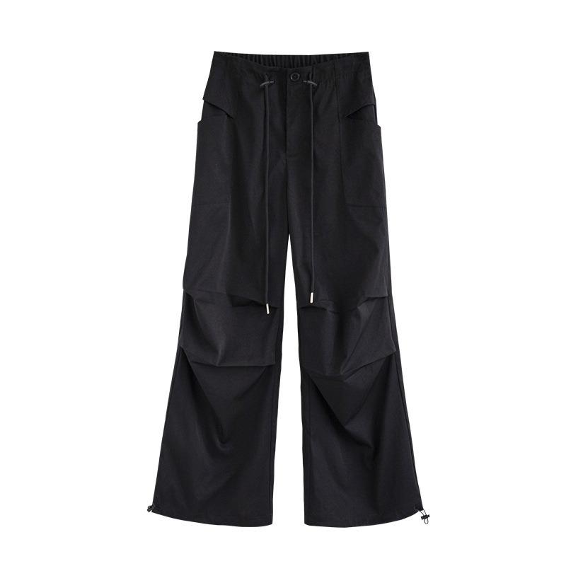 Retro black overalls women's autumn new vertical pocket lazy wide-leg casual quick-drying sweatpants