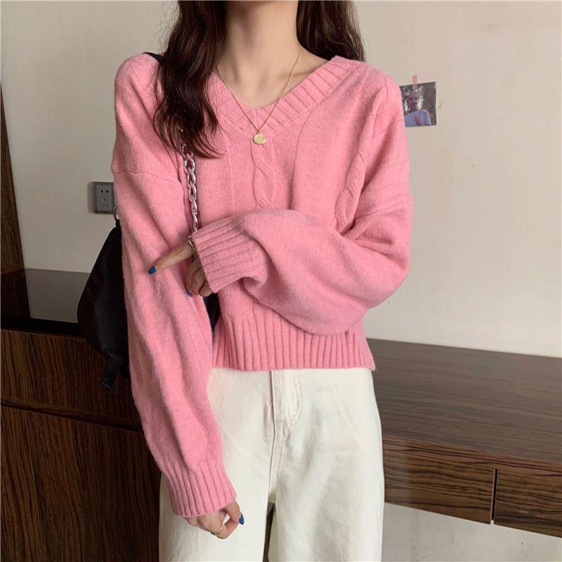 V-Neck Pullover Sweater Women's Solid Thread Woolen Long Sleeve Soft Spring Autumn Knitted Top