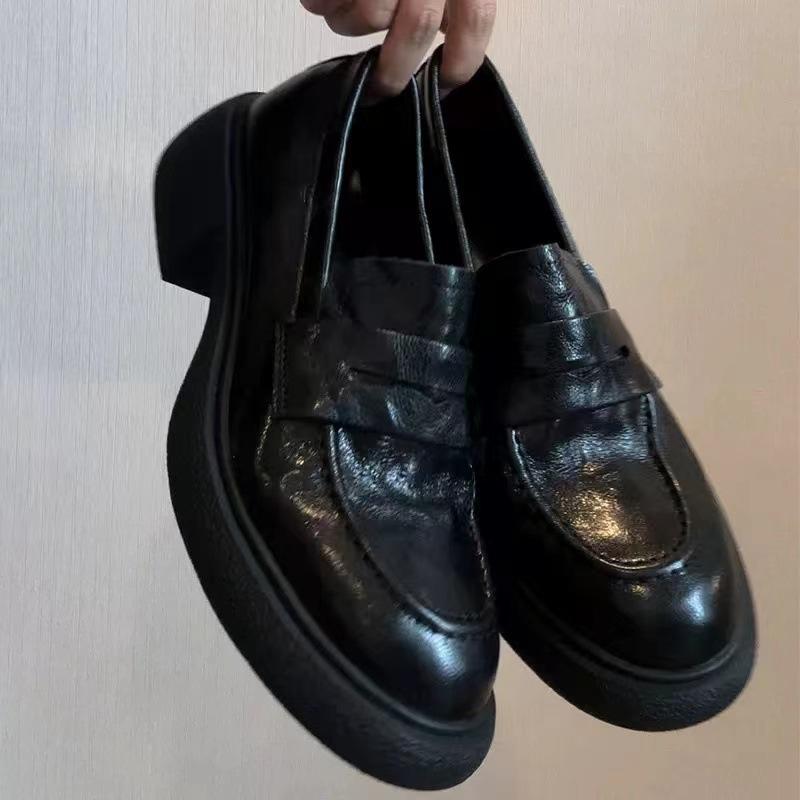 

Washed cowhide~ Retro leather platform small leather shoes women s round head thick heel single shoes British style one-pedal loafers 40 чёрный