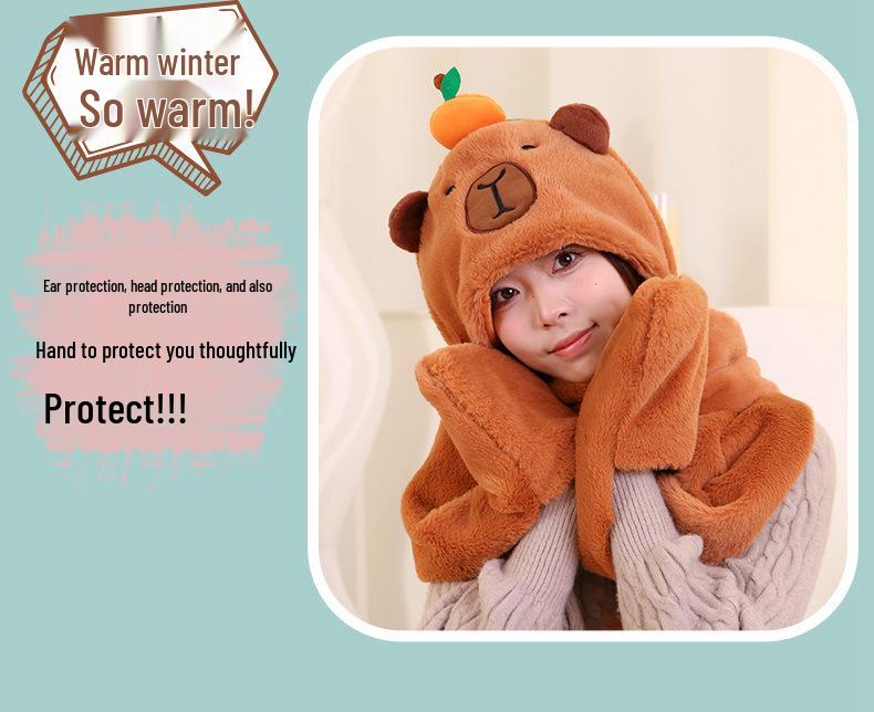 Adorable Capybara Plush Hat, Scarf & Gloves Set - Winter Cartoon Ear Protection