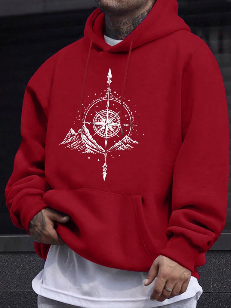 Men's casual hooded sweatshirt for autumn and winter, geometric compass print, outdoor casual fitness long-sleeved top