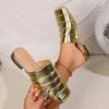 Fashion Shimmery Metallic Gold Silver Closed Toe Women Summer Slides Sandals Square Low Heels Slip-on Casual Mules Slippers Big Size 42