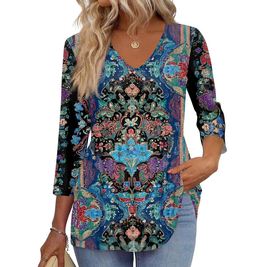 Women's T Shirt Print 3/4 Sleeve Fashion Basic V- Neck Regular Top