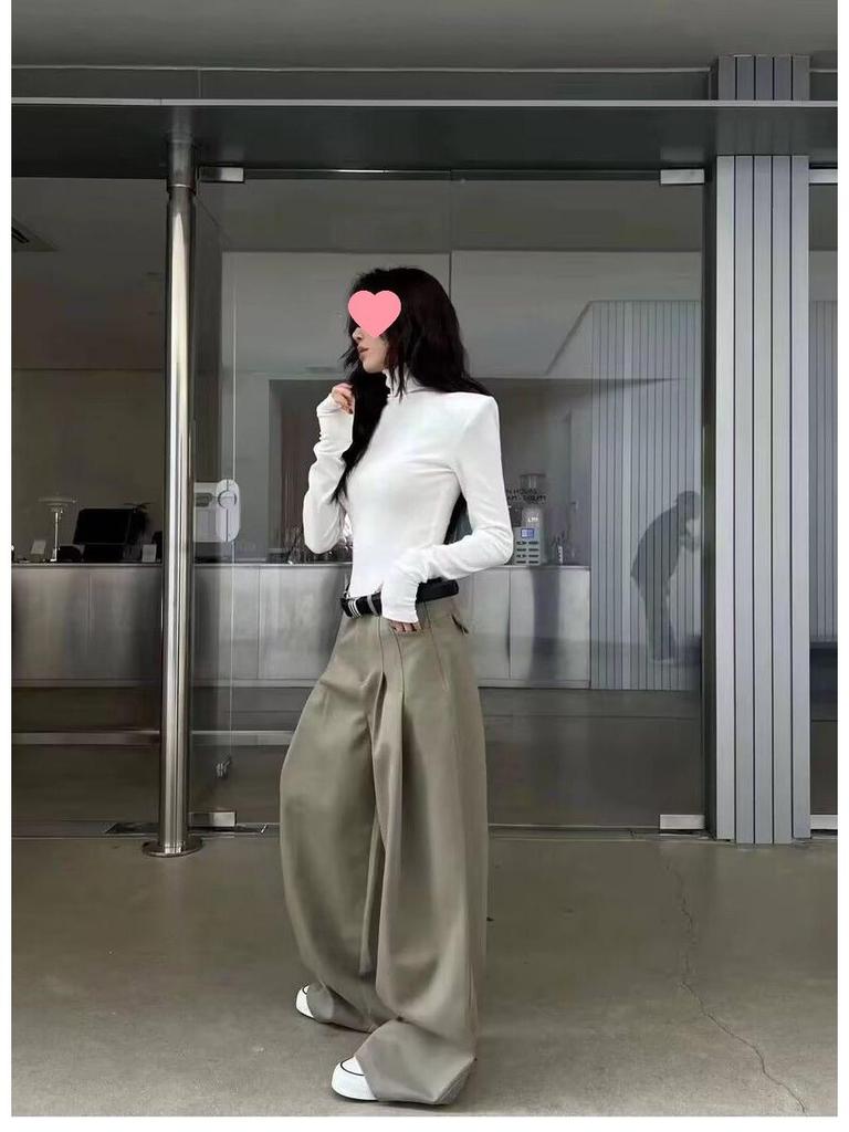 Women's White High-Neck Velvet Long Sleeve T-Shirt with Padded Shoulders - Slim Fit for Autumn/Winter 2025