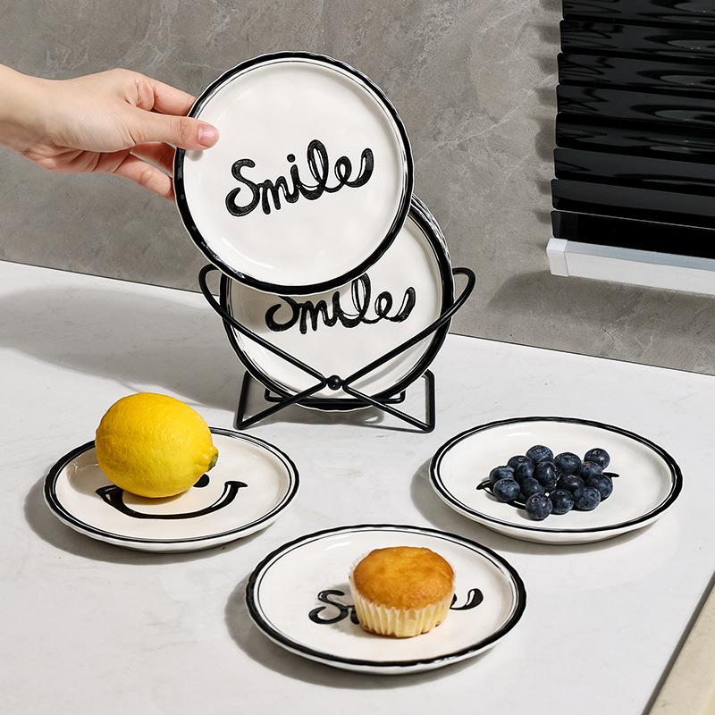 6PCS Smiling Plate Set Korean INS With Metal Rack Dessert Ceramic Plate Fruit Cake Dish Breakfast Bread Tray Dishs Decor Display