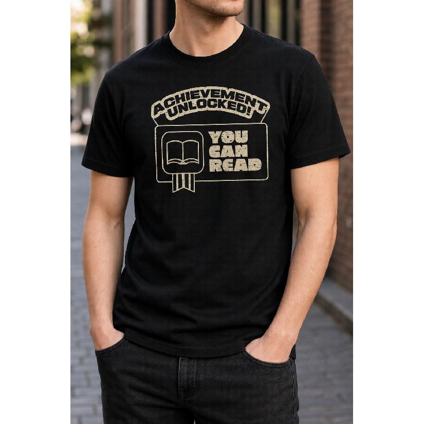Plus Size - Men's T-Shirt S-5XL Featuring a Humorous Achievement Unlocked You Can Read Graphic Print - a Casual Short-Sleeve Round-Neck Top With a