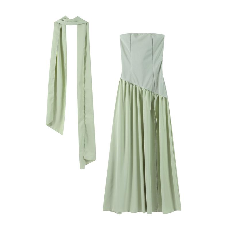 

Модное лоскутное платье с разрезом без бретелек Женское элегантное платье без рукавов с открытой спиной Длинное платье 2025 Лето Новинка Женские вечерние платья XL светло-зеленый