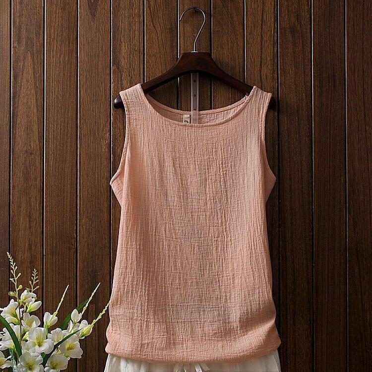 Spring/Summer Women's  Cotton and Hemp Vest T-shirt Loose Bottom Versatile Outer Sleeveless Solid Color Top