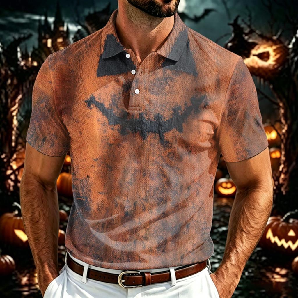 Men's Halloween Print Polo Shirt Lightweight Mesh Breathable Short Sleeve Top with Collar Button Down Front for Casual Wear