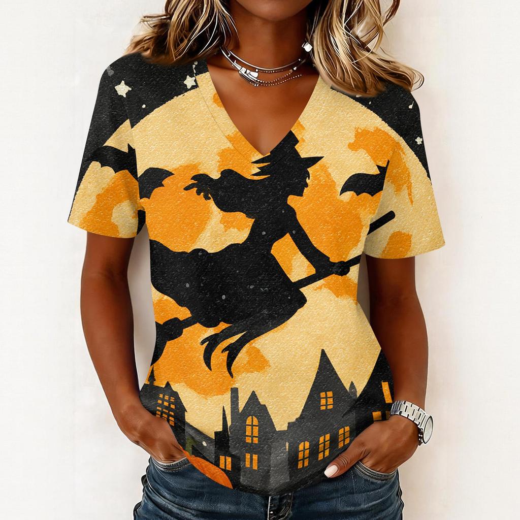 Women's Casual V Neck Pullover Top Halloween Pumpkin Print Short Sleeve Shirt Lightweight Comfortable Fit