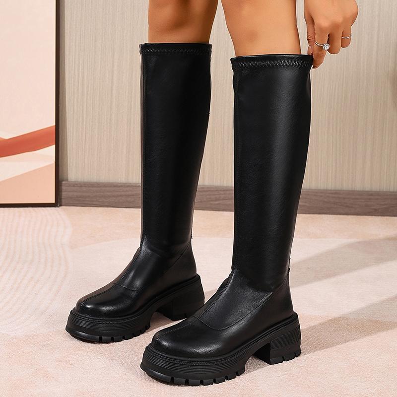 Chunky Platform Black Knee High Boots Women Fashion Back Zipper Pu Leather Long Boots Woman Thick Sole Motorcycle Botas Mujer