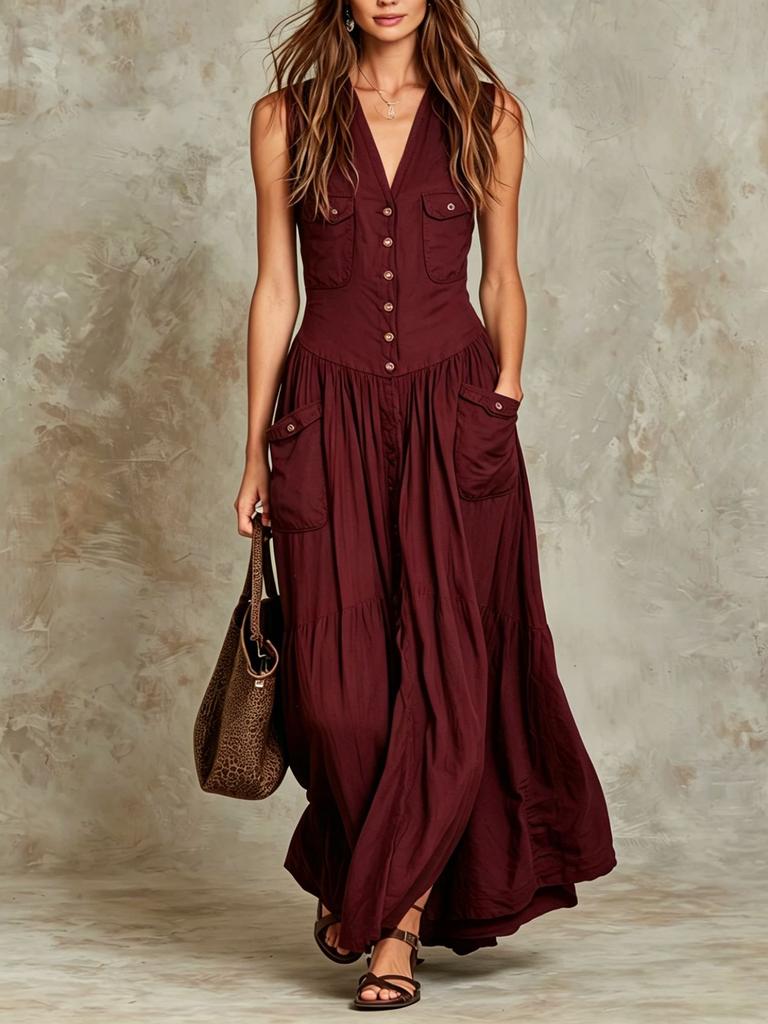 Summer loose sleeveless casual button pocket waist thin V-neck retro dress