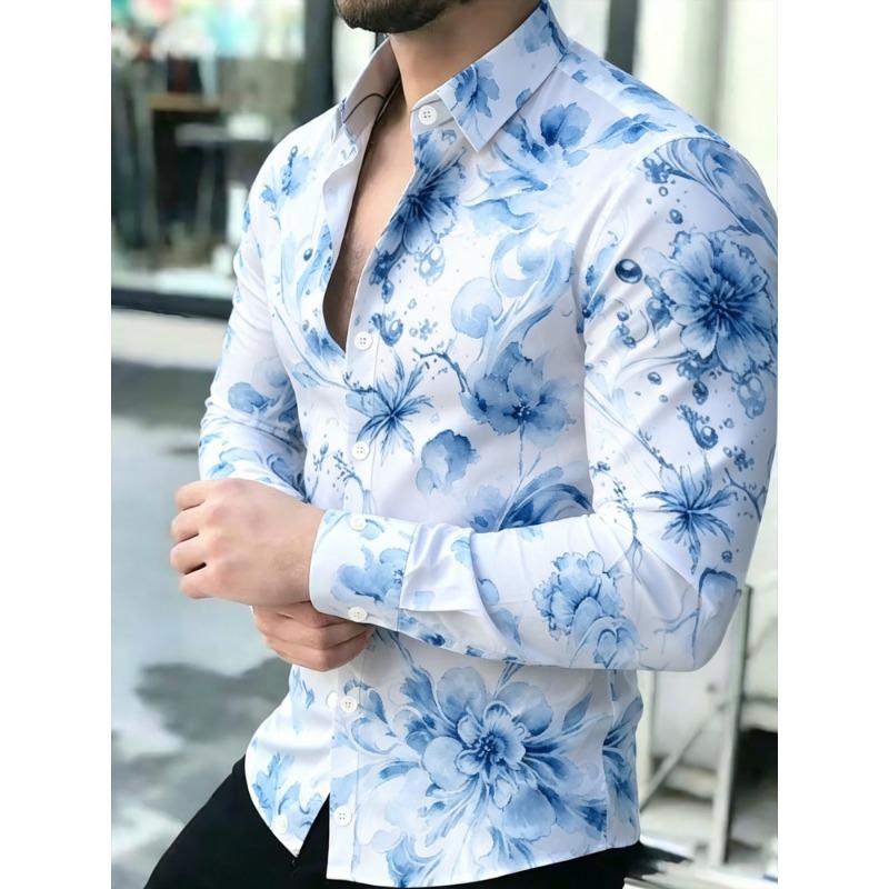 Cămașă Bărbați cu Imprimeu Floare de Bujor, Mânecă Lungă, Guler Slim Fit, Trendy Casual pentru Petrecere