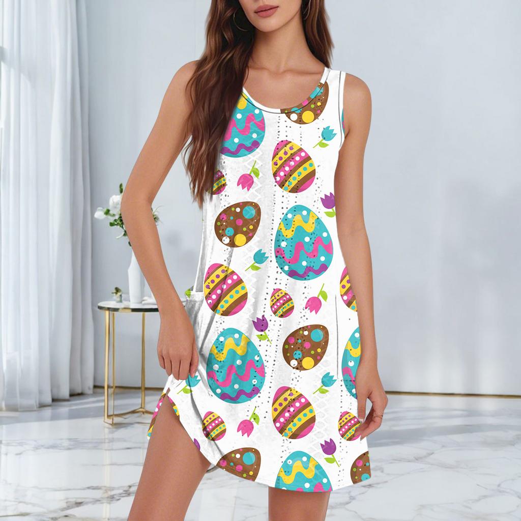Robe débardeur décontractée tendance et respirante pour femme, imprimée, avec poches et ourlet fendu
