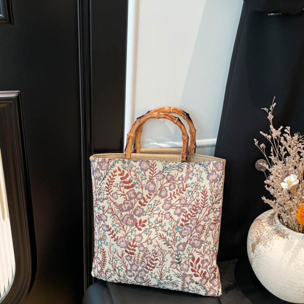 Cloth Material Bamboo Knot Handbag Floral Flower Print Vintage Chinese Style Tote Large Capacity Artistic Jacquard Tote Bag