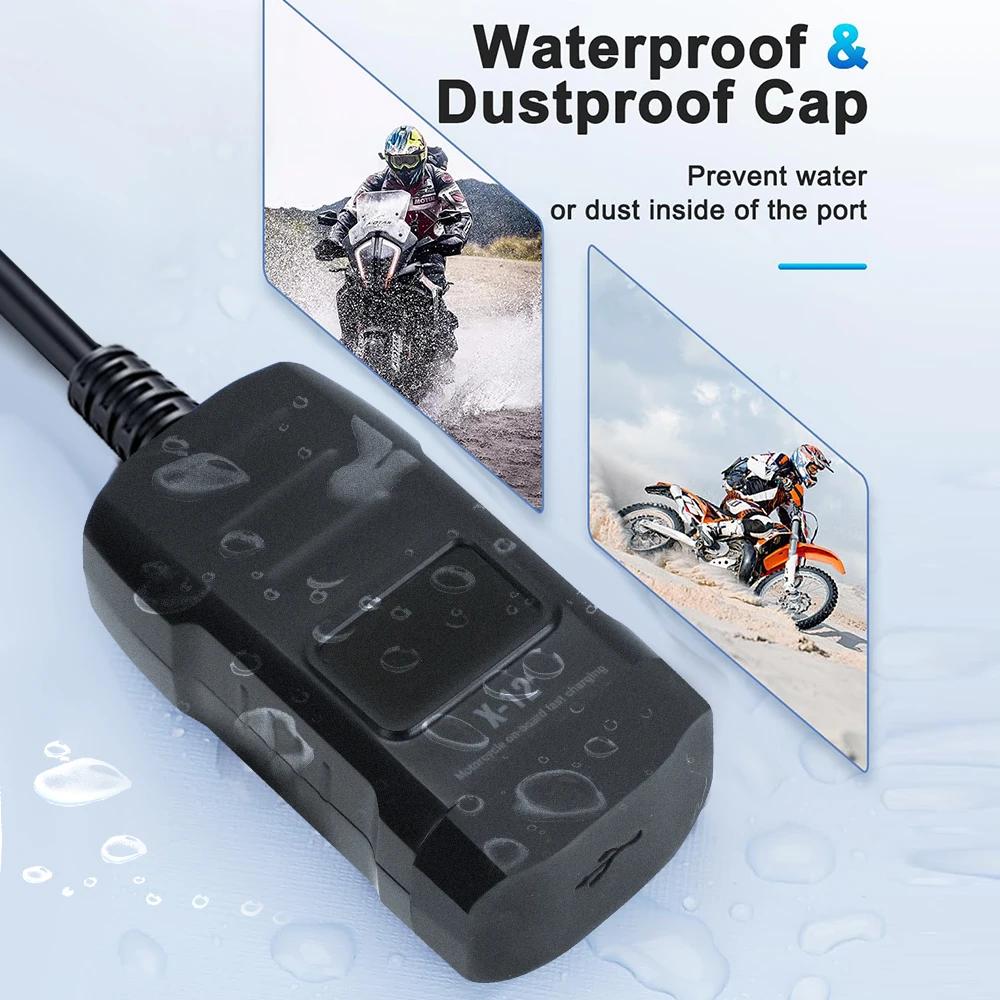 48W PD QC3.0 Motorcycle Charger Dual Ports with Voltmeter & Switch 12V-24V USB Type C Waterproof SAE Handlebar Power Adapter