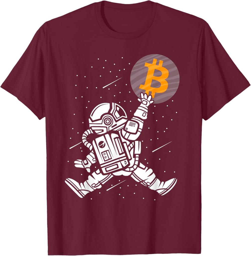 Bitcoin Astronaut Reaching for BTC Crypto Trader Graphic Tee Men Casual Short Sleeve