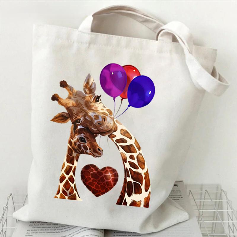 Shopping Bag Giraffe Fashion Cartoon Canvas Portable Tote Bag Women Men Street Aesthetics Style Giraffe Reusable Student Handbag