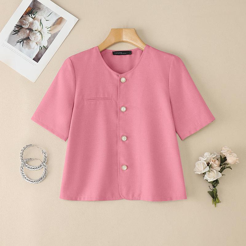 

ZANZEA Женская летняя однотонная повседневная блузка с круглым вырезом и коротким рукавом 4XL