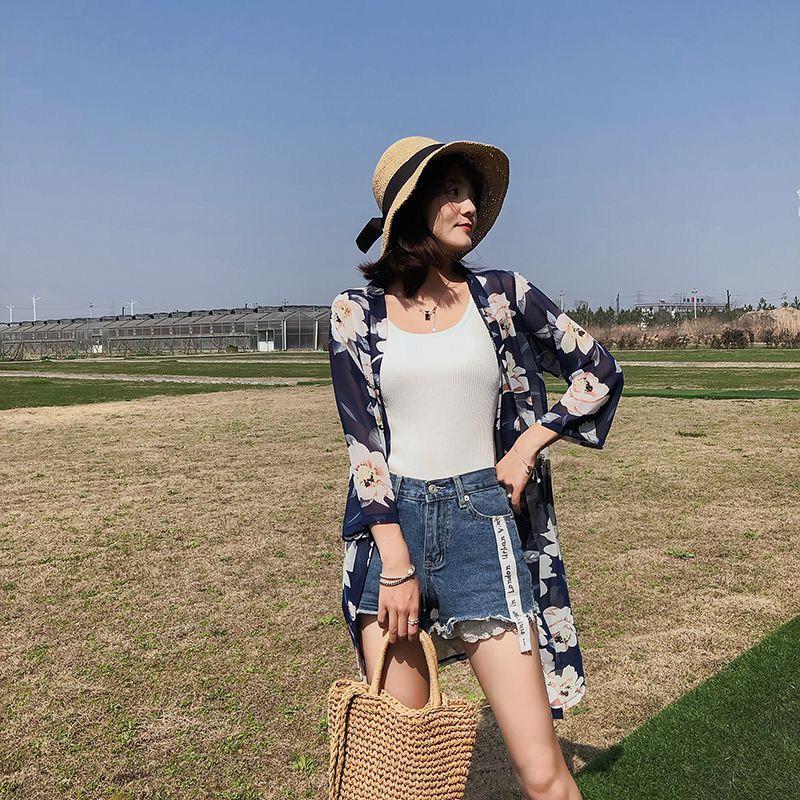 Women Mid-Length Chiffon Print Sun Protection Clothing Seven-Point Sleeve Holiday Cardigan