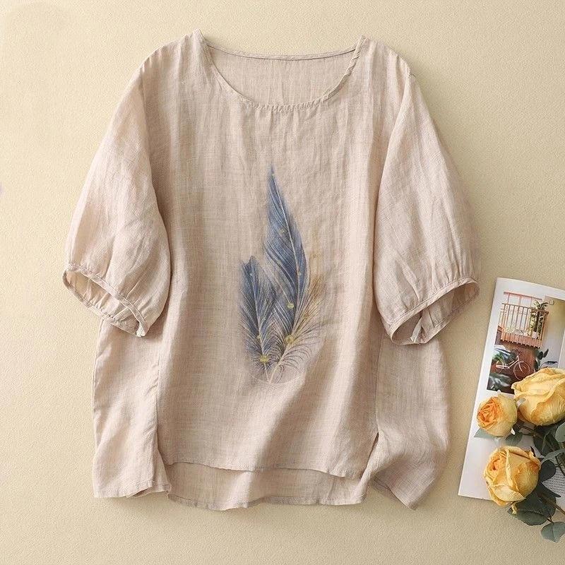 Women Feather Print Round Neck Half Sleeve Linen Cotton Blend Top