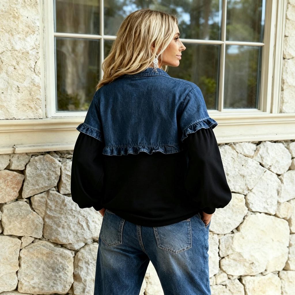 Felpa in Denim Patchwork da Donna Taglie Forti, Vestibilità Larga, Manica Lunga, per Uso Casual