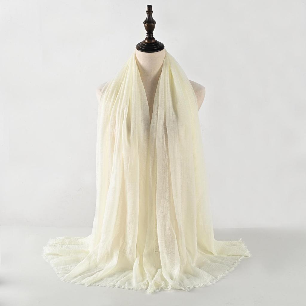 Crinkled Cotton-Linen Blend Scarf with Fringe - Solid Color, 90x180cm, Women's Headscarf