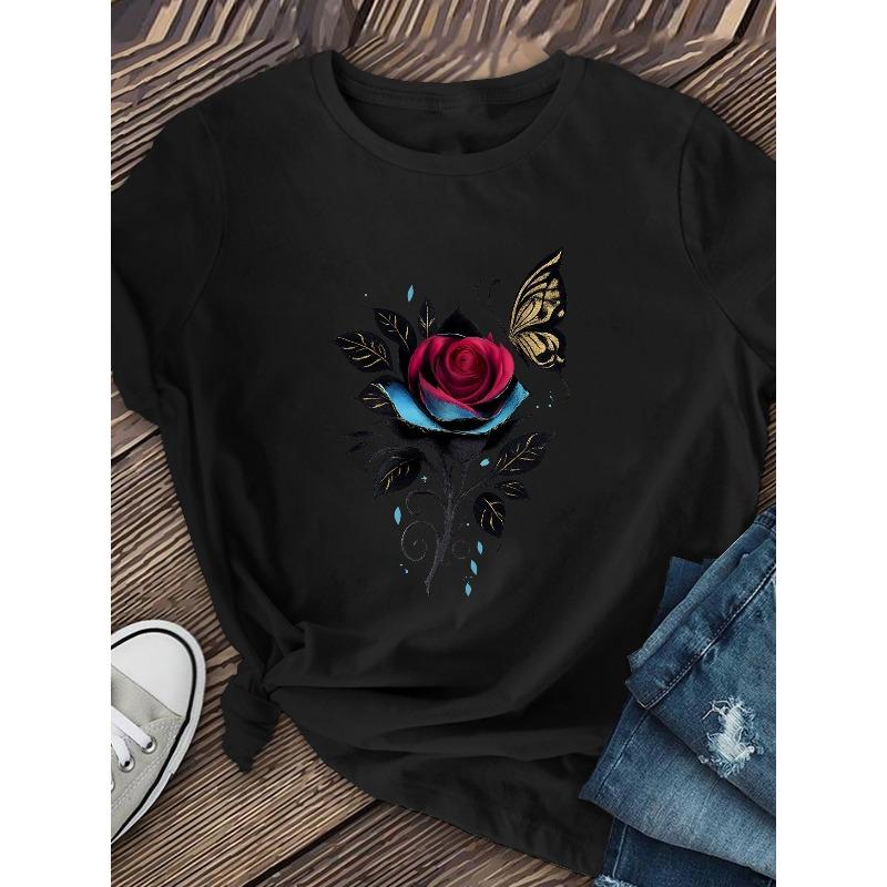 Tailles européennes T-shirt tendance pour femme à col rond | Avec imprimé Rose et Papillon pour la Saint-Valentin, Design minimaliste, Confortable