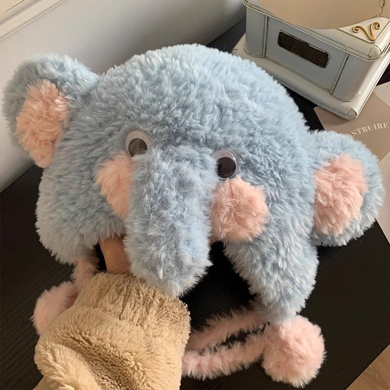 Cute Cartoon Blue Elephant Plush Hat Women's Autumn and Winter Thickened Warm Lei Feng Hat Cold Protection Ear Hat