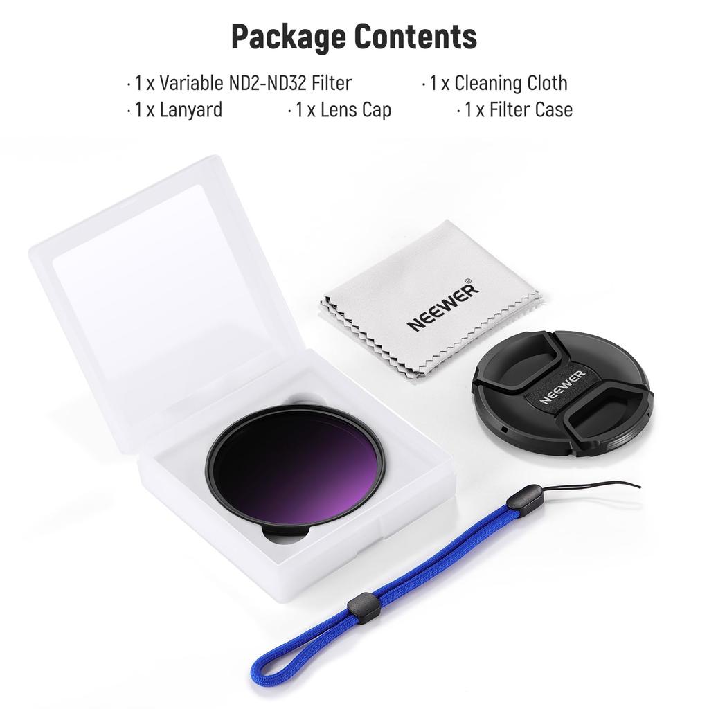 NEEWER 82mm Variable ND Filter with Lens Adjustable Neutral Optical Camera Photography Accessory ND2-32 (1-5 stops) Cap/Cleaning Cloth, Density,