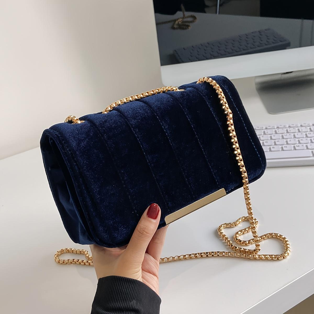 

Vintage Luxe Velvet Shoulder Bag Textured Solid Color Dazzling Chain Strap Chic Womens Handbag & Wallet синій