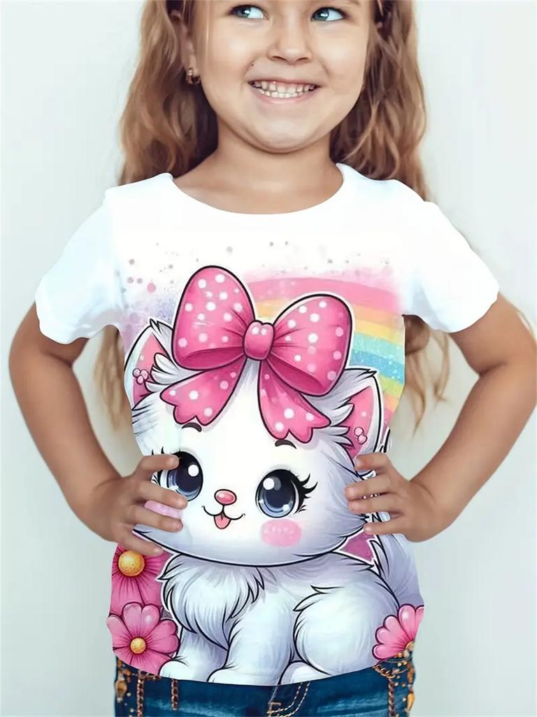 2025 Girl Clothes 3D Print Cute Cat Crew Neck Short Sleeves Graphic T Shirts Summer Streetwear Fashions T-Shirts for Children