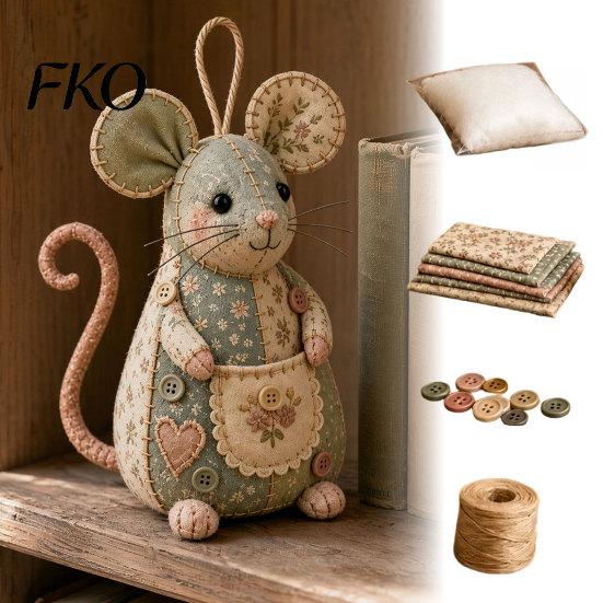 Mouse Plush Toy DIY Patchwork Sewing Kit, Handmade Craft Set with Floral Fabric, Stuffing & Stuffed Animal Kit Buttons, Cute Ornament for Beginners