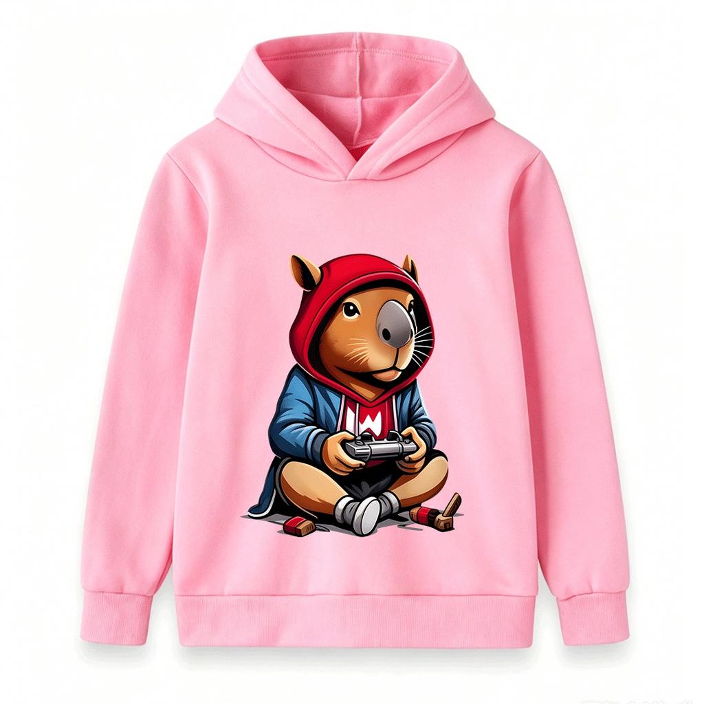 Kids Boys Girls Hoodie, Cute Gamer Capybara Print Casual Pullover Hooded Sweatshirt for Game Lovers Children Tops